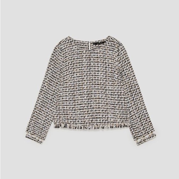 ZARA Boucle Tweed Textured Cropped Jacket Pearl Cuffs Frayed Hem Chic Blazer M - Picture 2 of 7